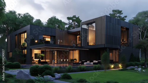 Modern luxury minimalist cubic house, villa with wooden cladding and black panel walls and landscaping design front yard. Residential architecture exterior © Alin