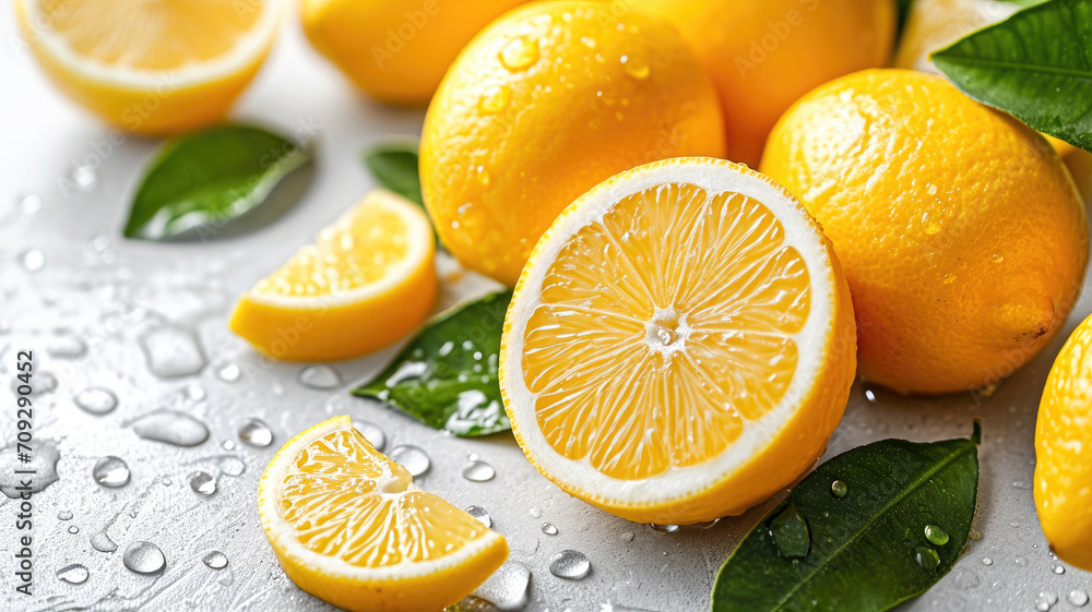Lemons On White Backdrop With Water Drops Lemons On White Backdrop With Water Drops