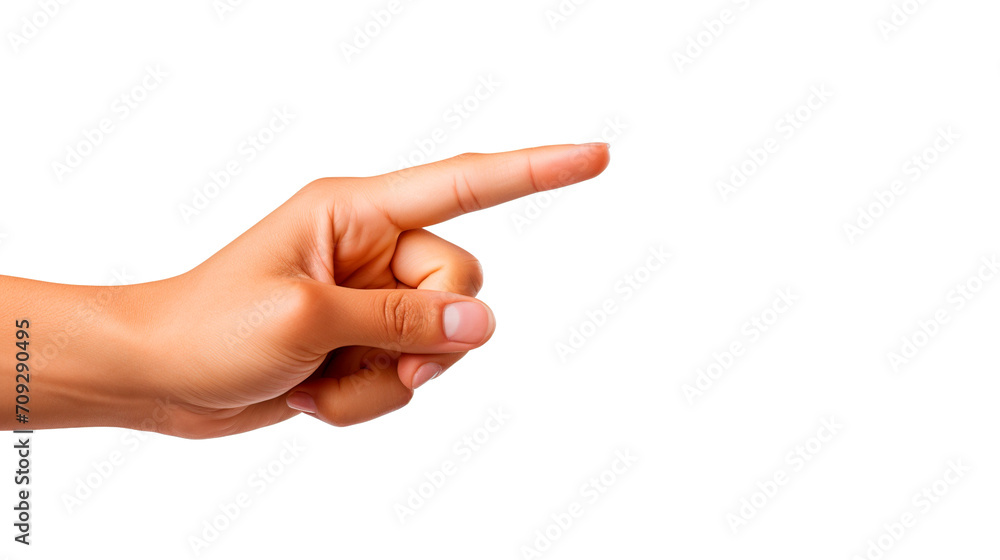 Female hand pointing at something isolated on white background with copy space Female hand pointing at something isolated on white background with copy space