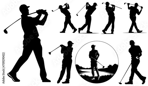 golf player silhouettes in different poses and attitudes - vector illustration photo