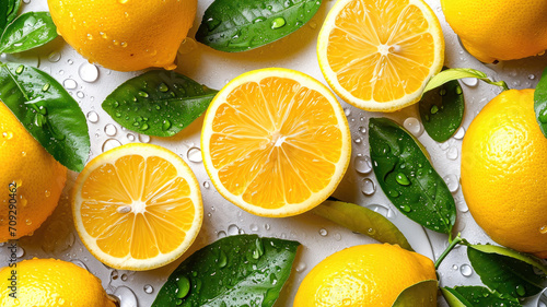 citrus fruits Lemons On White Backdrop With Water Drops