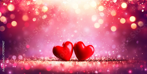 Valentine's Day - Red Hearts On Shiny Glitter And Abstract Defocused Lights