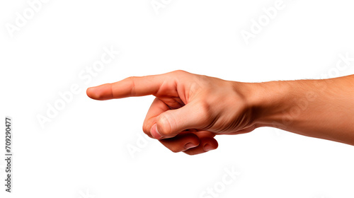 White man's hand pointing with index finger on transparent background