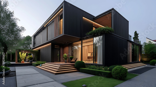 Modern luxury minimalist cubic house, villa with wooden cladding and black panel walls and landscaping design front yard. Residential architecture exterior photo