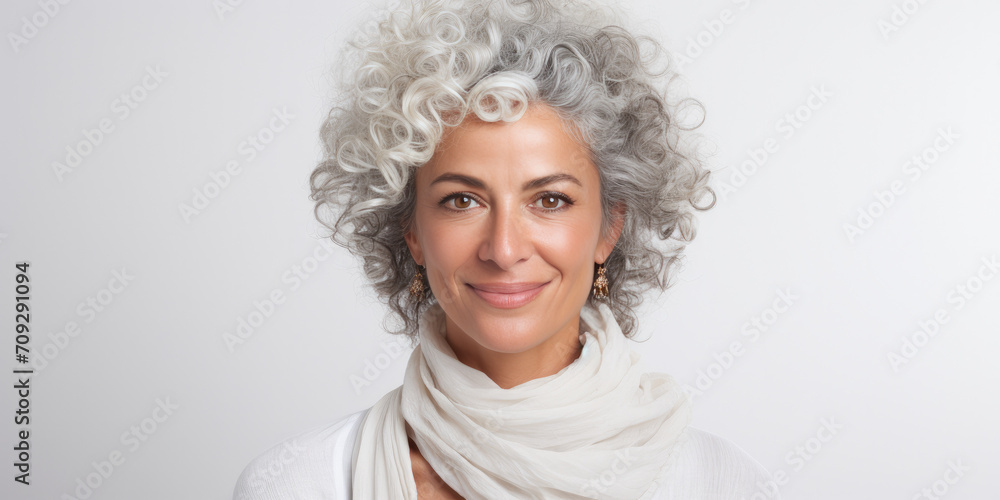 A happy and confident middle-aged woman stands against a wall, exuding beauty and positive energy.