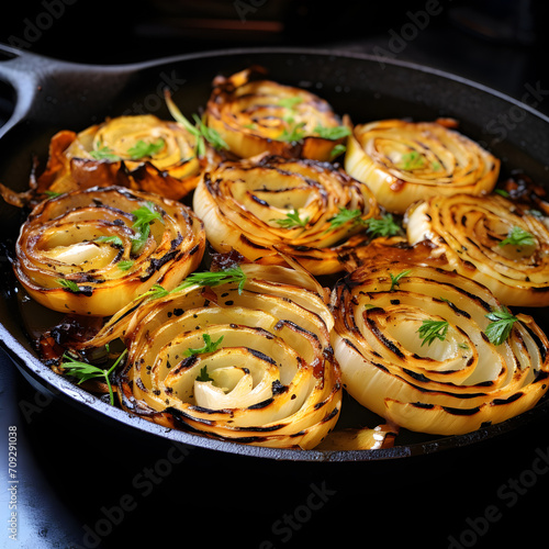 Grilled onions in a cast iron skillet 