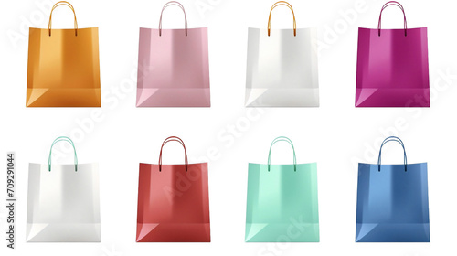 Collection of friendly recyclable side view blank shopping paper bag isolated in transparent background.