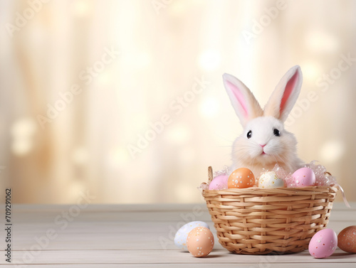Banner. Easter eggs in basket with bunny flowers flowers minimal concept. Top view. Place for text.
