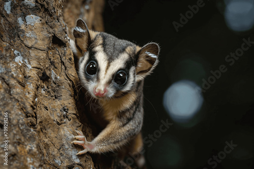 Sugar Glider Closeup: Adorable Marsupial Perched on Tree  © TimeaPeter