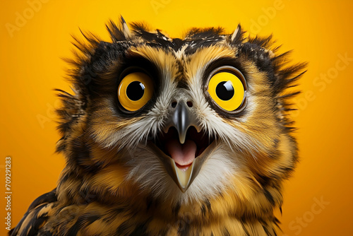 Portrait of a surprised owl on a yellow background. Alarm