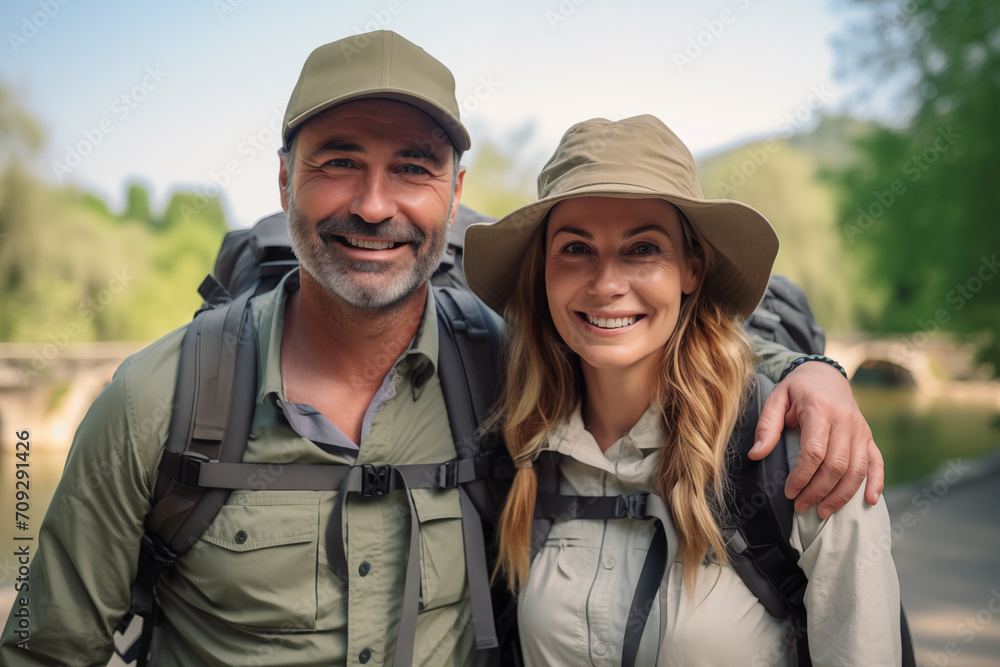Fototapeta premium Middle aged couple at outdoors with mountaineer backpack