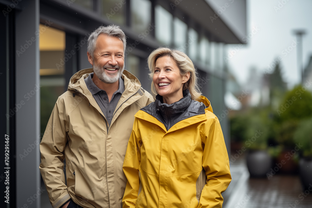 Middle aged couple at indoors wearing a rainproof coat