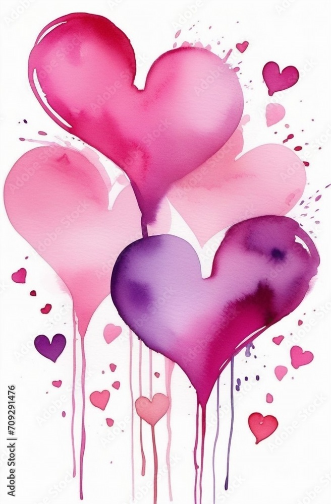 pink hearts on a white background, heart, watercolor, style, smudges, drawing, illustration, postcard, header