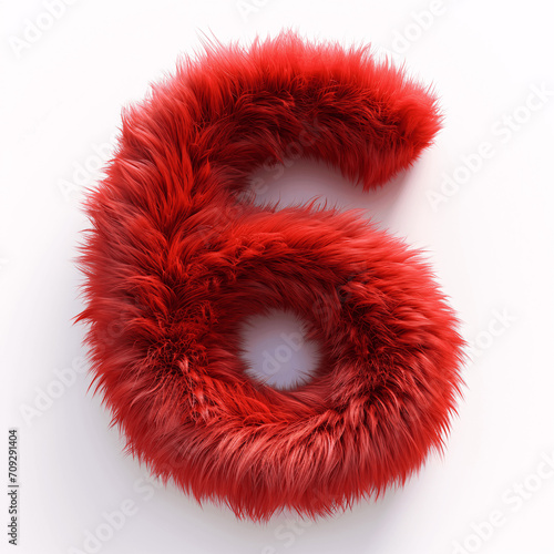 Number 6 made of soft red fur. Hairy typography isolated on white background.