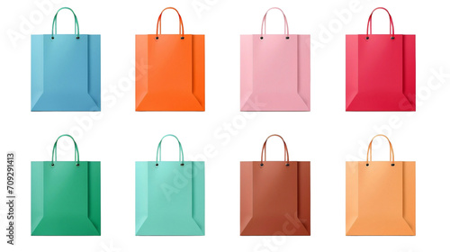 Collection of friendly recyclable side view blank shopping paper bag isolated in transparent background.