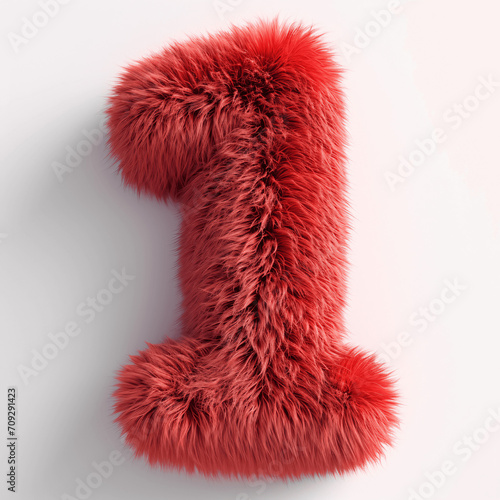 Number 1 made of soft red fur. Hairy typography isolated on white background.