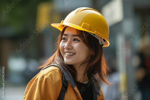 Young pretty Chinese woman at outdoors with worker cap