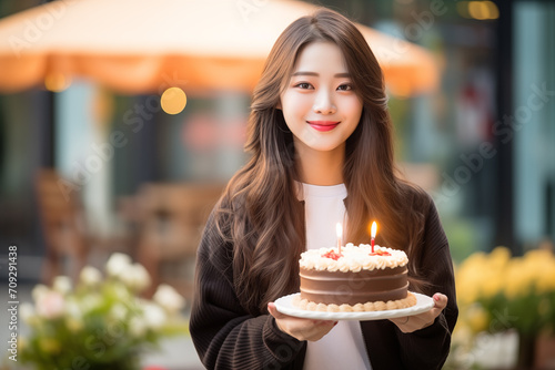 Young pretty Chinese woman at outdoors holding birthday cake
