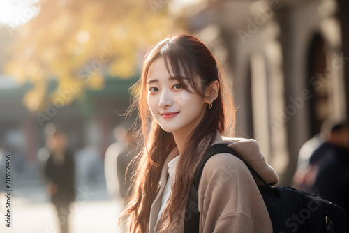 Young pretty Chinese woman at outdoors with a student backpack