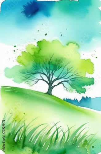 large green bare tree in the middle of a meadow watercolor, ecology, saving the planet, planting, gardening, nature, concept, deforestation, nature protection