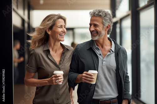 Middle aged couple at indoors holding a take away coffee photo
