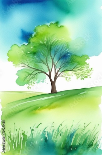 large green bare tree in the middle of a meadow watercolor, ecology, saving the planet, planting, gardening, nature, concept, deforestation, nature protection