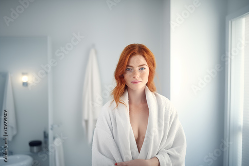 Young pretty redhead girl  in a bathrobe photo