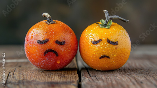 An orange and a tangerine with sad and angry faces on a rustic surface.