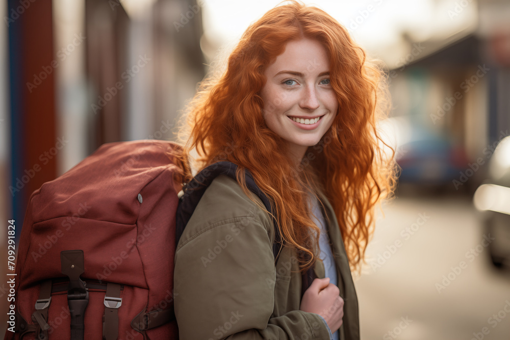 Young pretty redhead woman at outdoors with mountaineer backpack