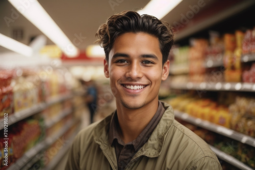 smiling young man supermarket worker in produce aisle 