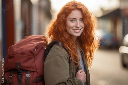 Young pretty redhead woman at outdoors with mountaineer backpack