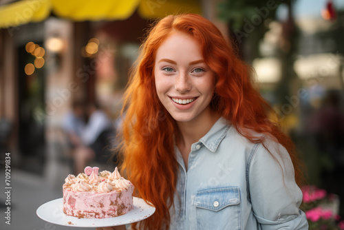 Young pretty redhead woman at outdoors holding cake