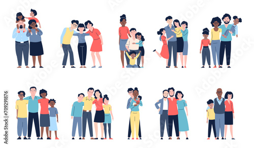 Happy families flat characters. Traditional family various ages, mother, father and children. Toddlers and teenagers with parents, recent vector set