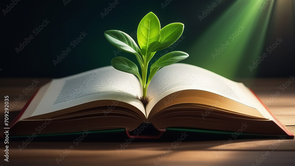 A green sprout grows from an open book. Knowledge concept.