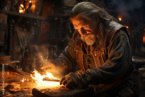 A medieval blacksmith demonstrating the craft of forging, surrounded by glowing embers and the rhythmic sounds of hammer strikes, portraying the skill.
