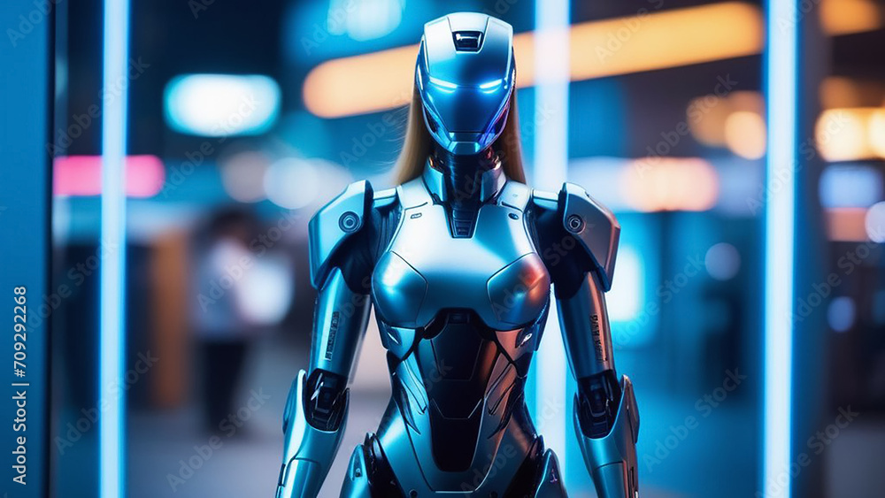 Futuristic robot on a blue background.