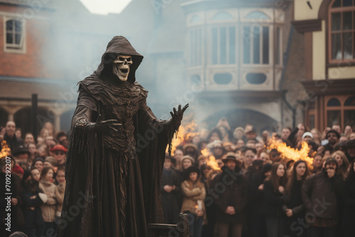 A medieval executioner conducting a theatrical display in a town square, clad in ominous attire, creating a dramatic and macabre spectacle characteristic of medieval times. photo