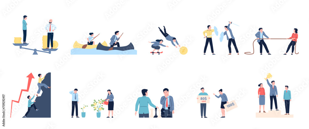 Career struggle competition. Business workers office competition. Winner and victory, salary gap and achievement. Leadership recent vector scenes