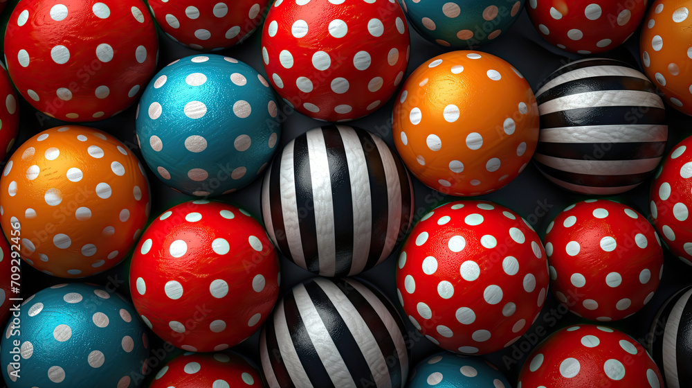 Colorful balls with striped and dotted patterns clustered together.