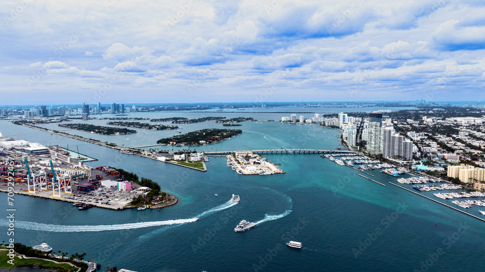 Drone view of of the intercoastal of the city of Miami