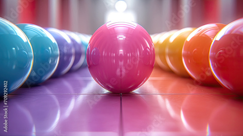 Colorful glossy spheres lined up on a reflective purple floor photo