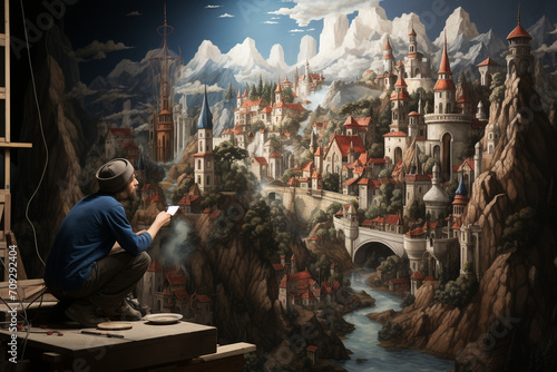A medieval artist creating a large mural on a castle wall, capturing the essence of medieval life and culture in a visually elaborate and immersive artistic performance.