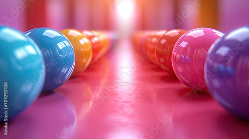 A perspective view of shiny colorful balls aligned on a reflective pink surface. photo