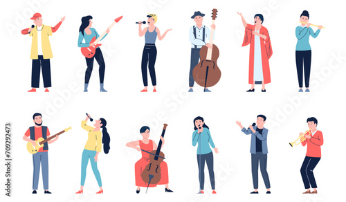 Singers and musicians. Music and performance industry workers, creative people play musical instruments and sing. Recent flat vector characters