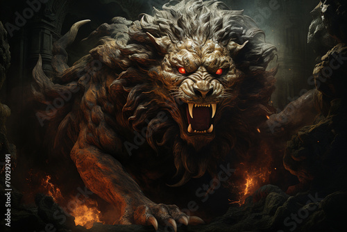 The fierce Chimera, a mythical hybrid of lion, goat, and serpent, depicted in a dynamic and artistic composition that highlights its mythical and monstrous nature.