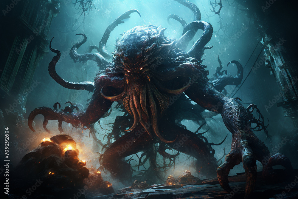 The mythical Kraken, a colossal sea monster with massive tentacles