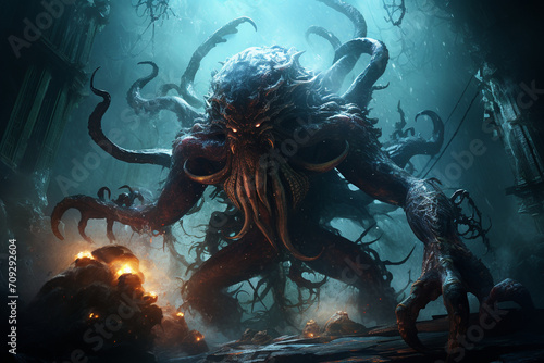 The mythical Kraken, a colossal sea monster with massive tentacles rising from the depths, portrayed in a dynamic and ominous underwater scene filled with dark mystique. © Solid
