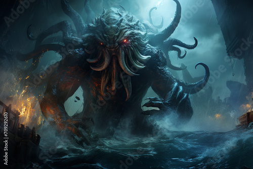 The mythical Kraken, a colossal sea monster with massive tentacles rising from the depths, portrayed in a dynamic and ominous underwater scene filled with dark mystique.