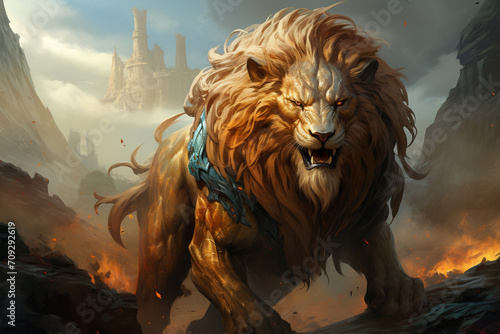 An ethereal rendering of the Nemean Lion  its golden fur and powerful presence showcased in a mythical landscape  capturing the essence of this legendary creature.