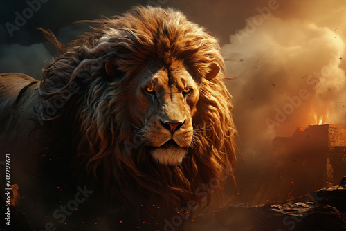 An ethereal rendering of the Nemean Lion, its golden fur and powerful presence showcased in a mythical landscape, capturing the essence of this legendary creature.